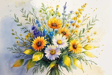 Rustic Watercolor Wildflower Bouquet with Sunshine Yellow Leaves for Wedding Invitations Cheerful Floral Arrangements and Event Decor