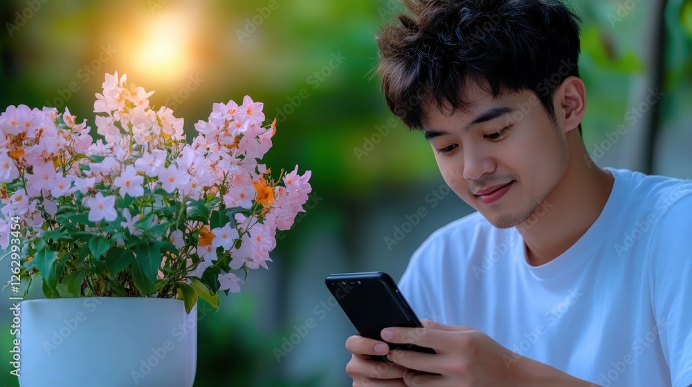 Poster Empower Your Business with Smart Technology An Asian Businessman using smartphone with network connection icons and growth graph overlay to drive strategic insights and achieve exponential business