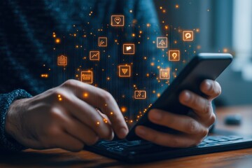 Empower your business with seamless connectivity Visualize success with this image featuring a Businessman using smartphone with ecommerce and banking network icons, illustrating modern finance