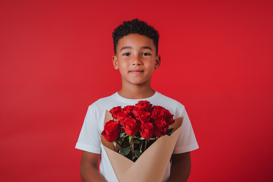 A young boy holds a bouquet of roses wrapped in brown paper against a red background