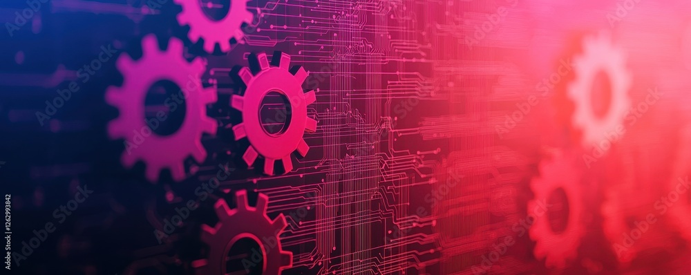 Poster a digital abstract image featuring colorful gears against a backdrop of circuit patterns, symbolizin