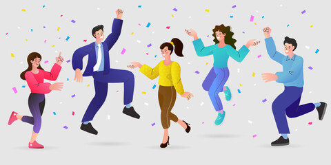 A happy team of diverse men and women jump and dance together under falling confetti. This illustration scene symbolizes corporate success, team victory, and celebration.