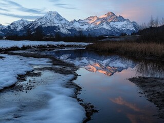 Serene Mountain Reflection Snow-Capped Peaks Reflected in Calm Water at Sunrise