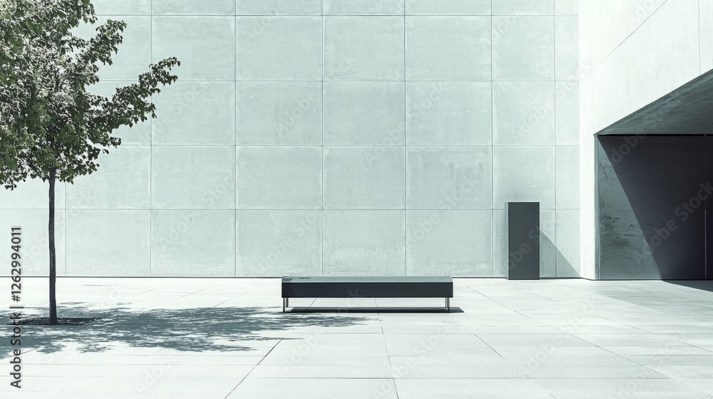 Poster minimalist urban scene with bench and tree in modern architecture