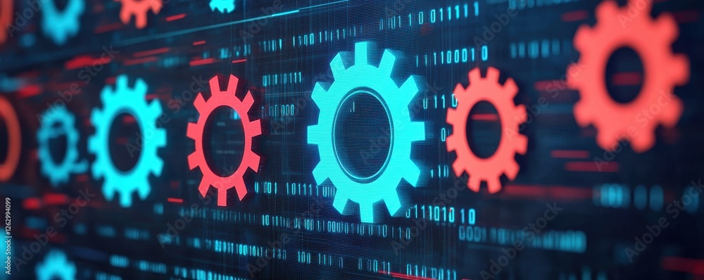 Poster a vibrant digital display featuring colorful gears interconnected with binary code, symbolizing tech