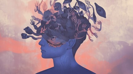 A surreal, artistic depiction of a person struggling with depression and anxiety, hands on their head, surrounded by chaotic and dark elements representing inner turmoil and overthinking.