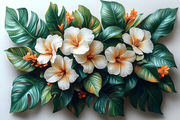 Obraz premium Detailed Floral Arrangement With Tropical Leaves And White Flowers