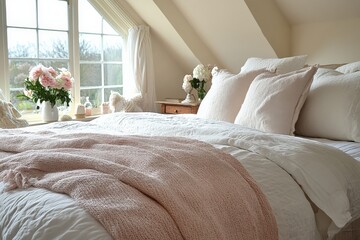 Cozy bedroom with soft pastel colors and natural light in a tranquil setting