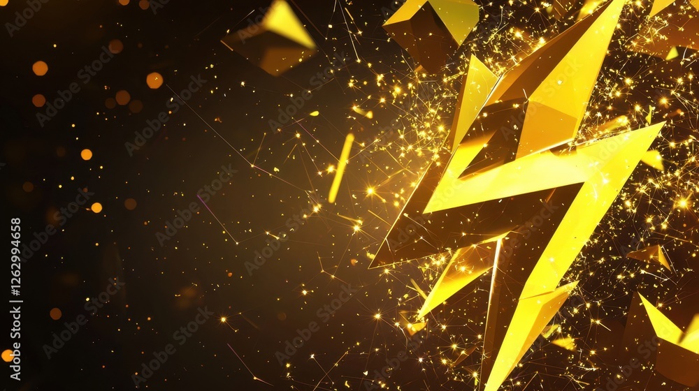 Poster a modern low-poly golden lightning bolt with sharp edges and sparkling highlights.