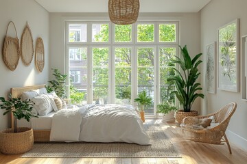 Cozy bedroom with natural light and greenery in a modern urban setting filled with plants and warm decor