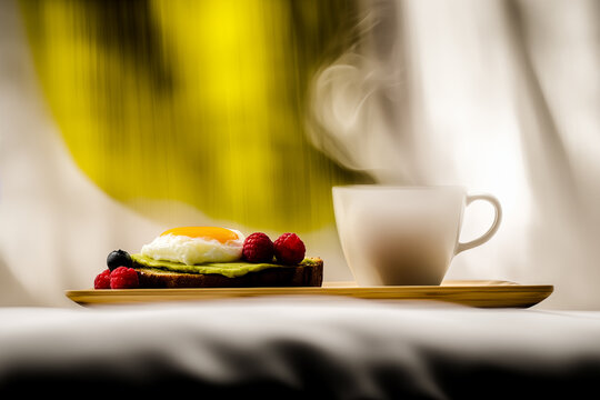 A cozy breakfast in bed with avocado toast topped with a poached egg, fresh berries, and a steaming cup of coffee. Soft morning light and a blurred background create a warm, inviting atmosphere