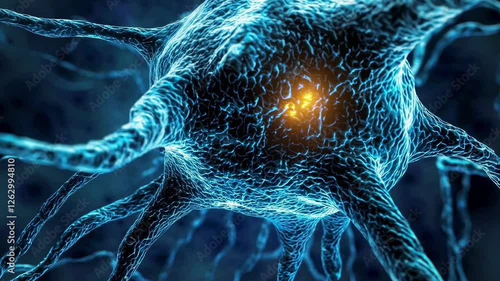 Aufkleber close-up video of glowing blue neurons, captured from a dynamic angle, illustrating the complexity o