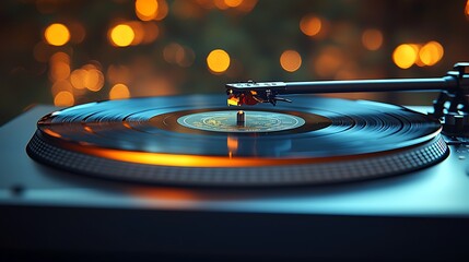 Vinyl Revival: A close-up of a vintage turntable playing a vinyl record, capturing the warmth and nostalgia of analog music. The soft glow of the background lights adds a touch of ambiance.