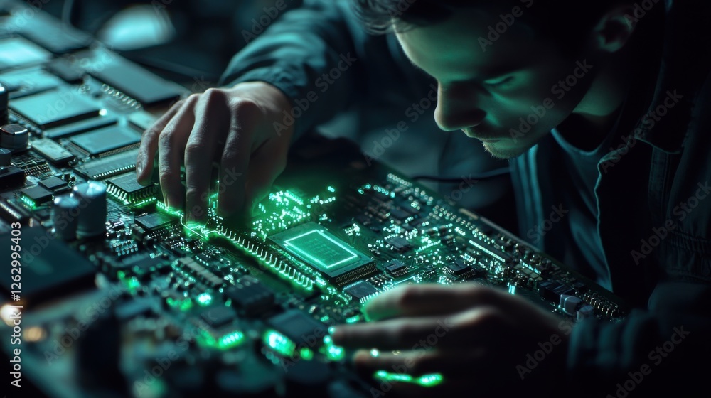 Poster intriguing close-up of a technician working on a glowing circuit board