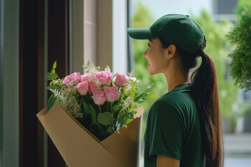 A beautiful young woman in a green uniform delivers pink roses to a customer’s door