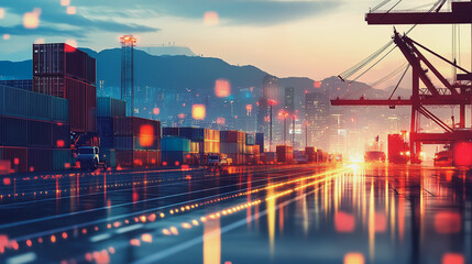 Fototapeta premium Container truck in ship port for business Logistics and transportation of Container Cargo ship and Cargo plane with working crane bridge in shipyard at sunrise, logistic import export and transport