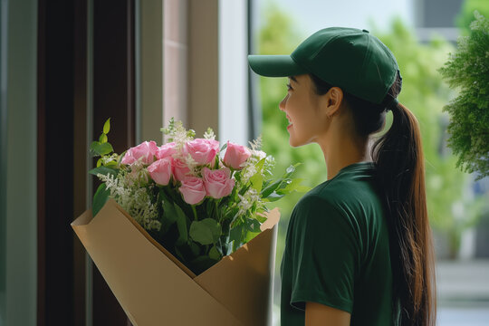 A beautiful young woman in a green uniform delivers pink roses to a customer&rsquo;s door