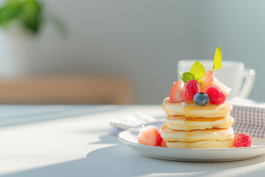 A stack of fluffy pancakes with fresh berries and honey on a white plate, bathed in soft natural light