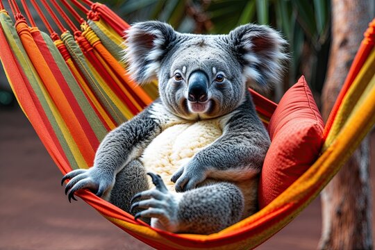 Adorable koala lounging in hammock under warm sunlight