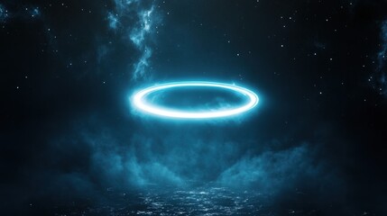 Obraz premium Surreal Neon Halo Above Dark Ocean Under Starry Night Sky Moody Abstract Background.