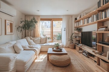 Cozy and modern living room with natural light and stylish decor during a sunny afternoon