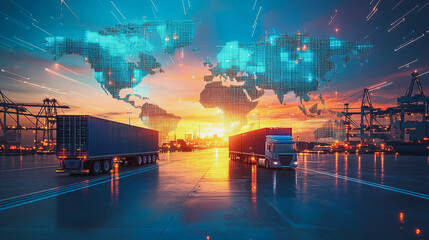 Container truck in ship port for business Logistics and transportation of Container Cargo ship and Cargo plane with working crane bridge in shipyard at sunrise, logistic import export and transport