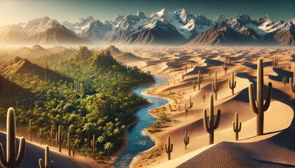 Fototapeta premium High-Resolution Image of a Unique Global Nature Landscape Blending Desert with Cacti, Tropical Rainforest, Snow-Capped Mountains, and a Flowing River