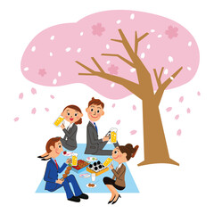 桜の木の下でビニールシートを敷いて宴会をしてる会社員達