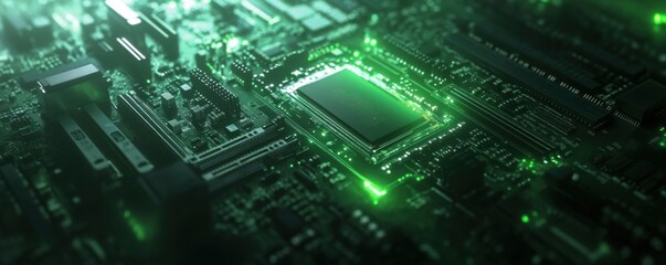 Glowing Green Circuit Board: High-Tech Computer Motherboard Close-Up
