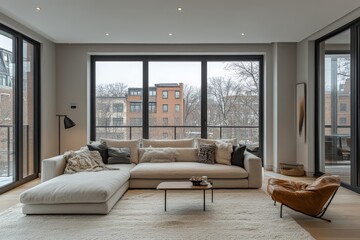 Modern living room with large windows showing urban landscape during winter season