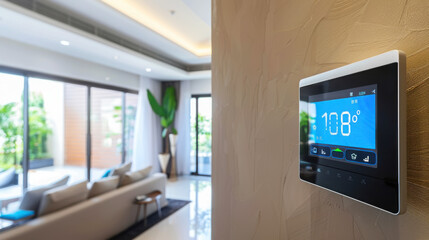 Smart thermostat in modern living room setting for home automation design