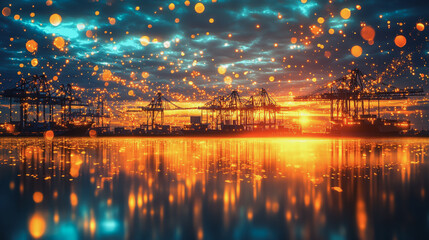 Obraz premium Container truck in ship port for business Logistics and transportation of Container Cargo ship and Cargo plane with working crane bridge in shipyard at sunrise, logistic import export and transport