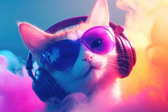 A stylish cat wearing oversized sunglasses and sleek headphones, surrounded by vibrant neon smoke in pink, blue, and yellow. Ideal for music themes, party visuals, and creative digital art