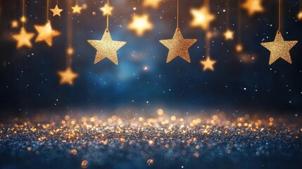Fototapeta premium Sparkling Golden Stars on Dark Blue Background Festive Holiday Magic