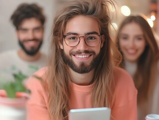 Visualize collaborative success in this dynamic coworking space Witness a productive coworking team meeting with digital devices in a modern office, where innovation thrives See diverse professionals