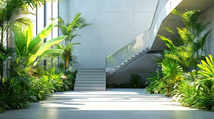 Modern building, indoor staircase, lush plants, sunlight, tropical atrium
