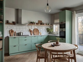 Modern Mint Green Kitchen With Wooden Dining Table