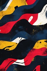 Abstract Avian Art Modern Bird Pattern with Yellow, Red, White, and Blue on Black Textured Background.