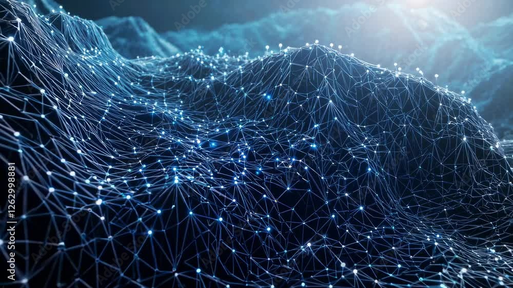 Poster aerial view of a digital landscape with interconnected nodes and lines, resembling a futuristic netw