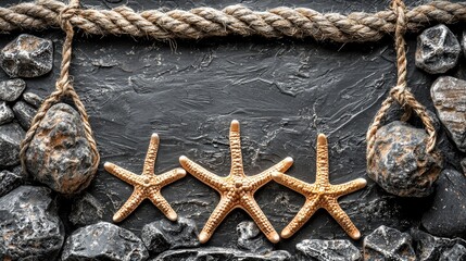 Coastal rope frame, starfish, rocks. Dark background, ocean theme, website banner