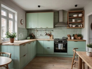 Modern Sage Green Kitchen With Wooden Accents And Farmhouse Style