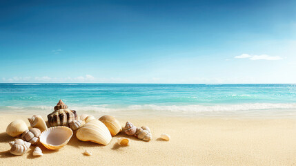 Obraz premium tranquil beach scene with seashells scattered on sand, evoking relaxation and serenity
