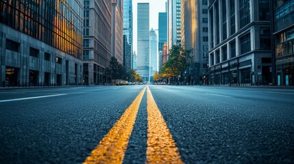Fototapeta premium Urban Landscape with Clear Road and Sunlit Skyscrapers Ahead