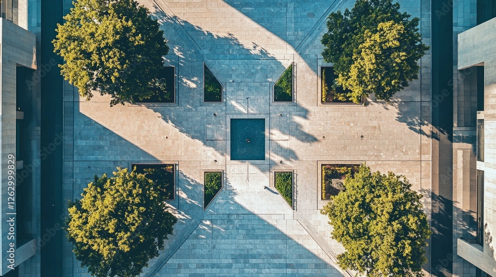 Poster aerial view of modern plaza with trees and symmetrical design