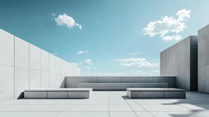 Obraz premium Modern Minimalist Outdoor Space with Seating and Blue Sky