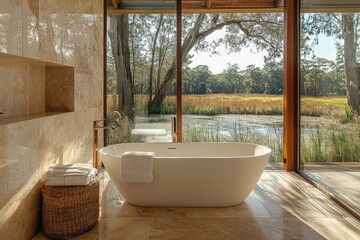Fototapeta premium Elegant bathroom with freestanding tub overlooking serene natural landscape by the water