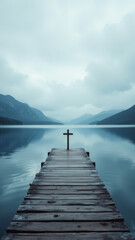 Fototapeta premium A tranquil waterfront scene with a dock extending into a calm body of water, featuring a cross on one end.