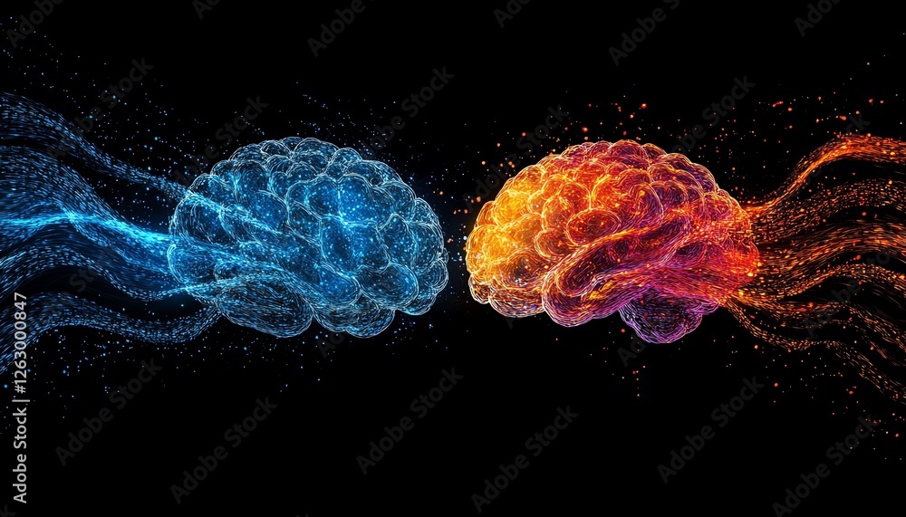 Poster a digital brain fusing with a biological brain, representing the convergence of artificial intellige
