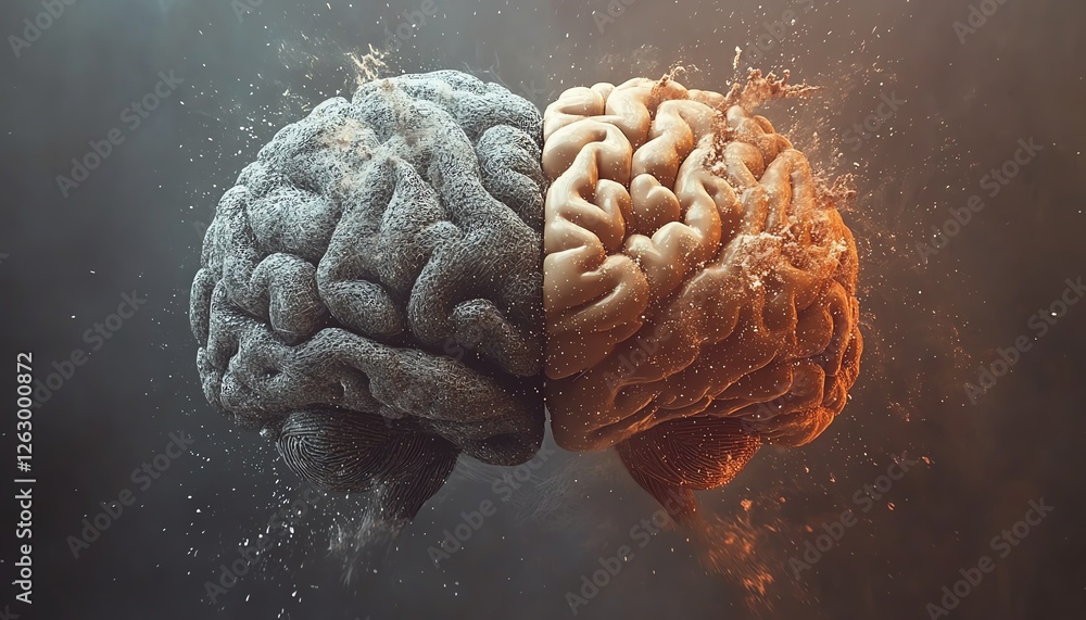 Poster a digital brain fusing with a biological brain, representing the convergence of artificial intellige