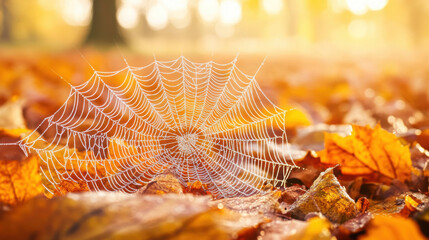 Close up of dew covered spider web among fallen autumn leaves in morning light